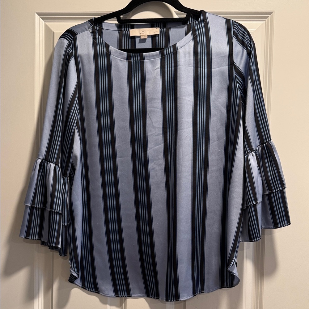 LOFT Women's Blue and Black Striped Ruffle Sleeve Blouse